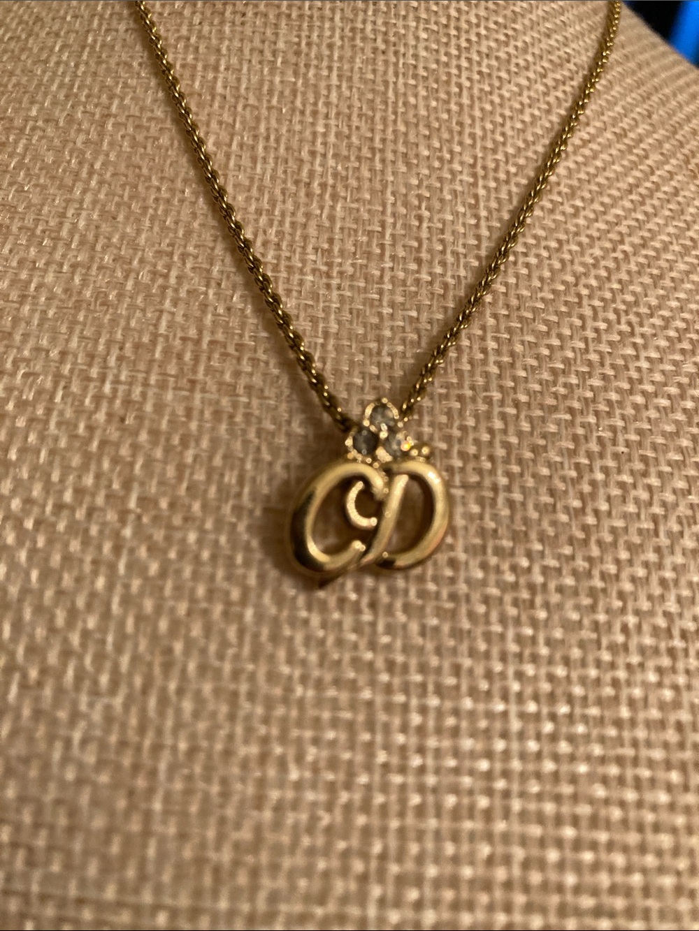 Christian Dior CD Logo Necklace with 3 Crystals/Rhinestones Pendant Vintage - Picture 2 of 6